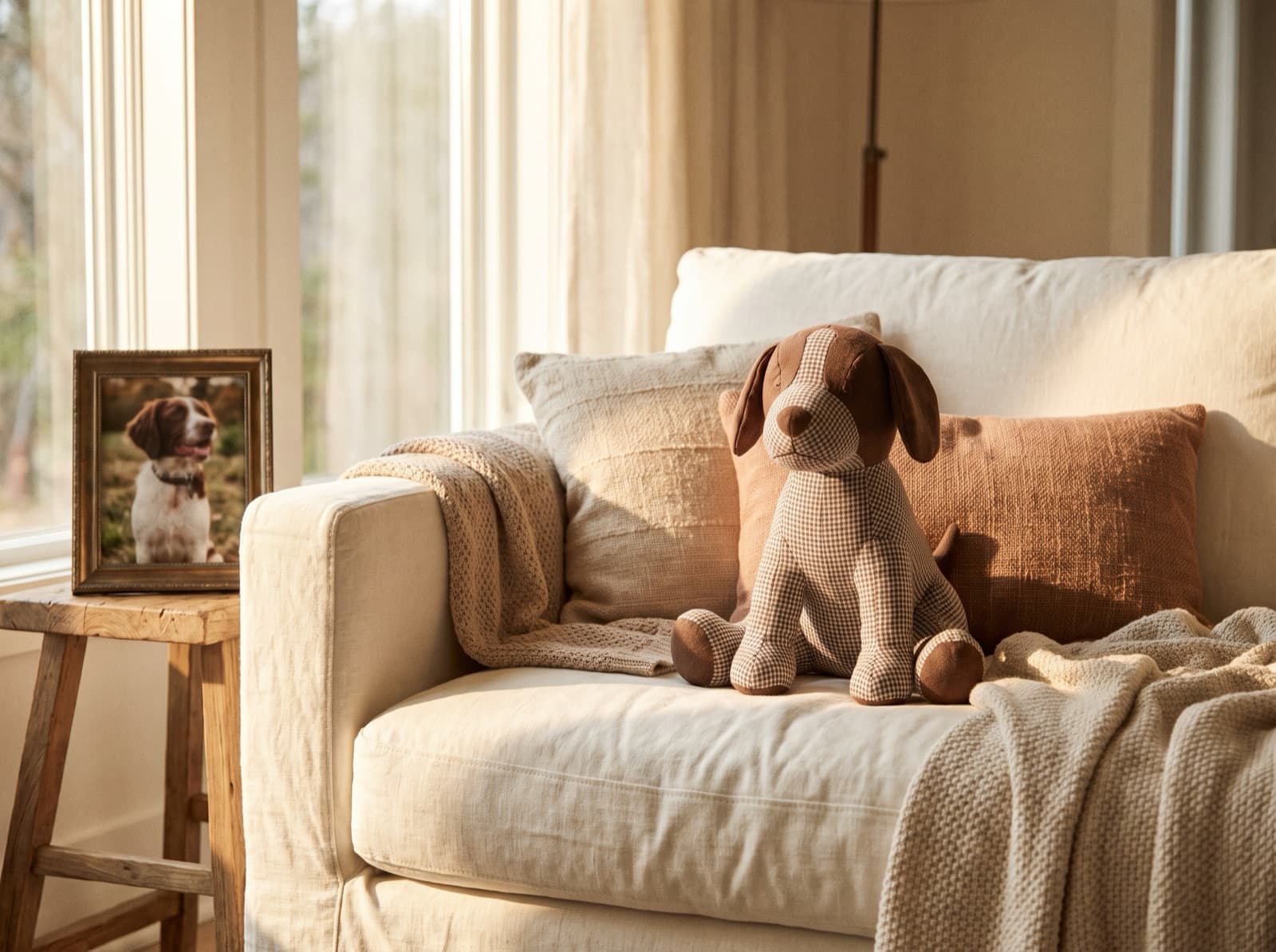 A hand-sewn plush replica of a dog beside a framed photo of the real dog