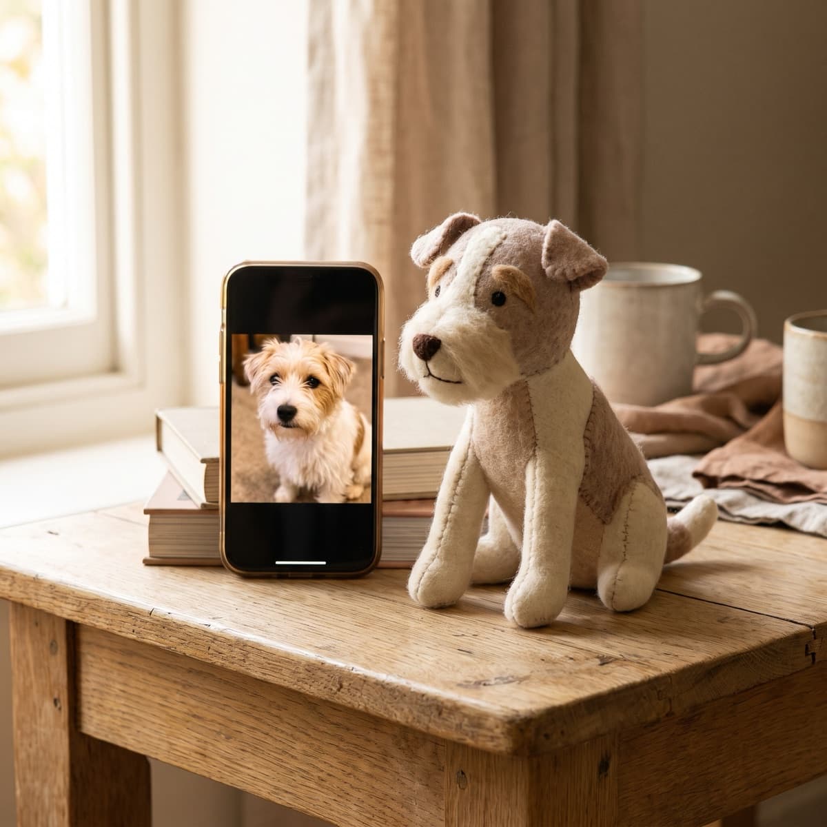 A custom plush dog beside a phone showing a photo of the real pet