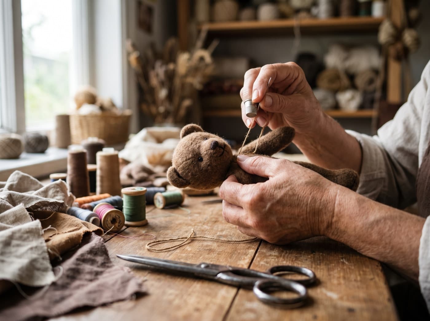 A plush being hand-sewn by hand in the FondLoom workshop